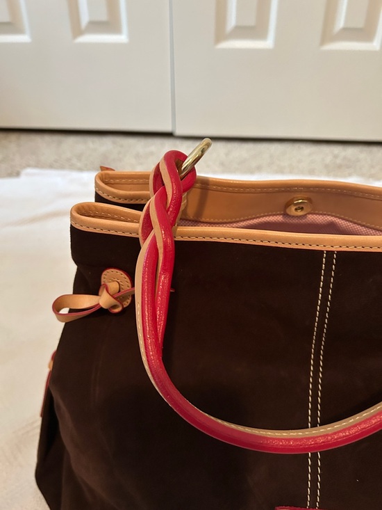 Dooney & Bourke Chocolate Suede Shoulder Bag with Red and Tab Braided Strap main image 0